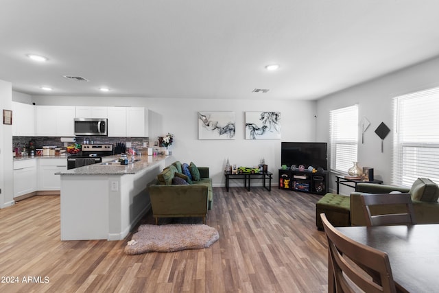 living room with sink and light hardwood / wood-style floors