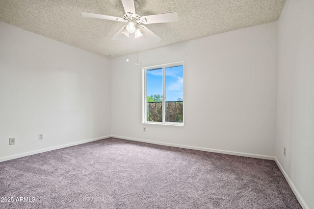 unfurnished room with baseboards, a textured ceiling, carpet, and ceiling fan