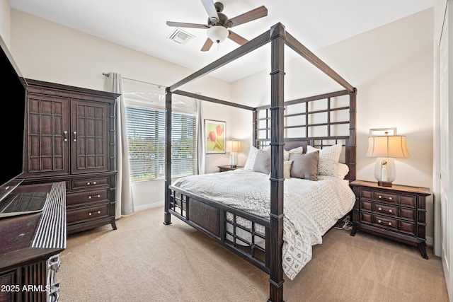 carpeted bedroom featuring ceiling fan