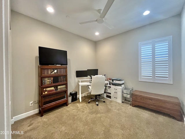 carpeted home office featuring baseboards, a ceiling fan, and recessed lighting