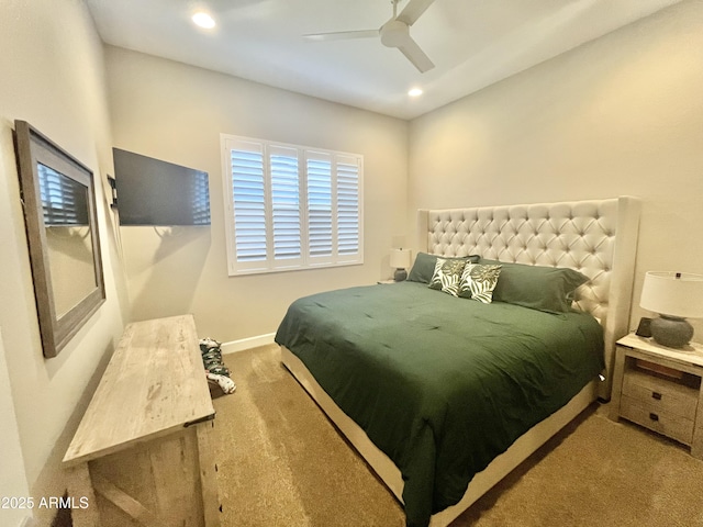 carpeted bedroom featuring a ceiling fan, recessed lighting, and baseboards