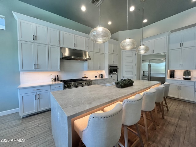 kitchen with high end appliances, visible vents, backsplash, a sink, and under cabinet range hood