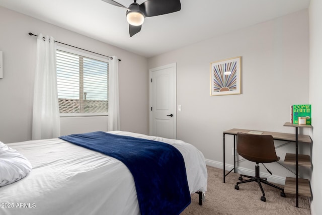 bedroom featuring carpet, baseboards, and ceiling fan