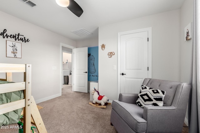 carpeted bedroom featuring baseboards, visible vents, and ceiling fan