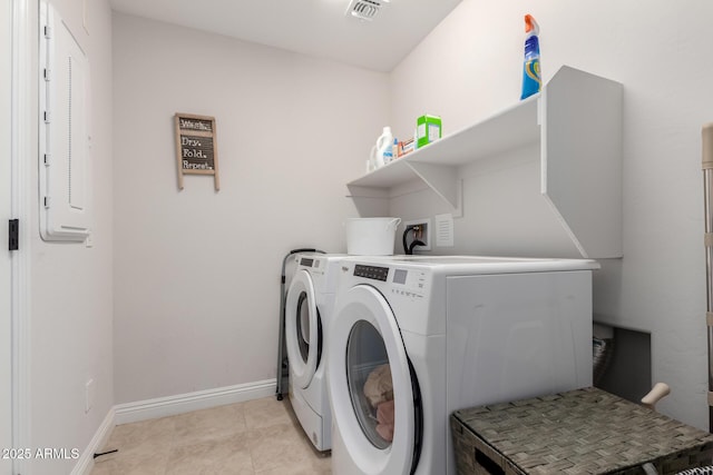 laundry room featuring laundry area, electric panel, baseboards, visible vents, and separate washer and dryer