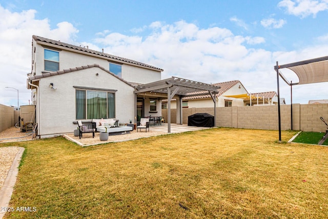 rear view of house featuring a lawn, an outdoor hangout area, a patio area, a pergola, and a fenced backyard