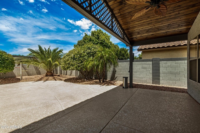 view of patio with a fenced backyard and a ceiling fan