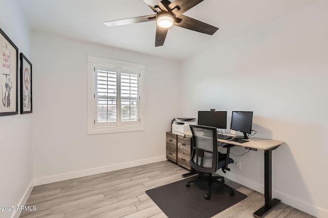 office space with ceiling fan and light wood-type flooring