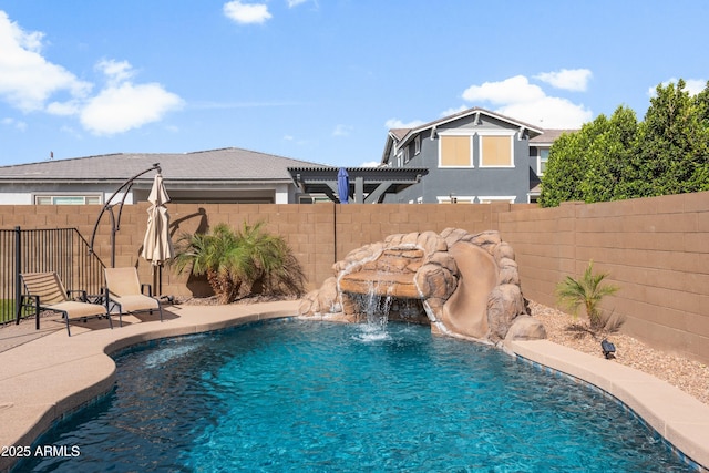 view of swimming pool featuring a fenced in pool, a fenced backyard, a patio, and a pergola