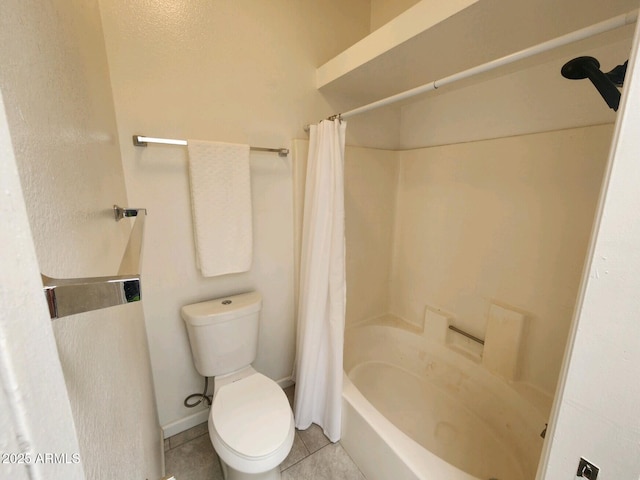 bathroom with toilet, shower / bath combo, and tile patterned floors