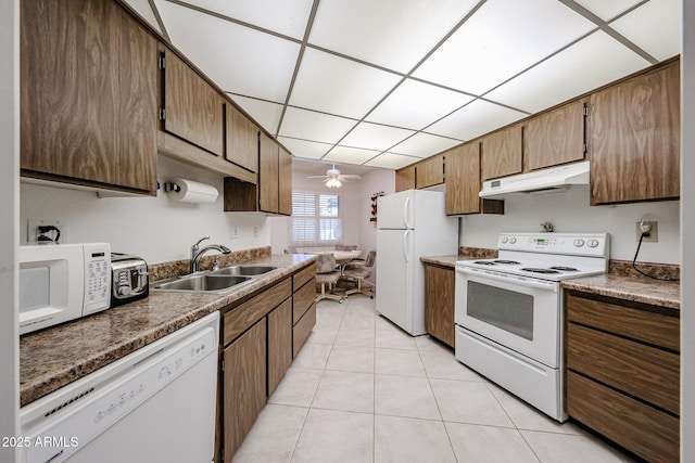 kitchen with sink, white appliances, light tile patterned floors, ceiling fan, and a drop ceiling