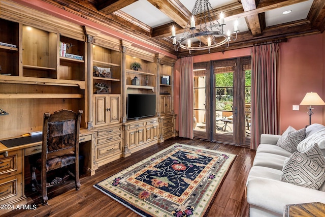 living room featuring ornamental molding, coffered ceiling, dark hardwood / wood-style flooring, and beamed ceiling