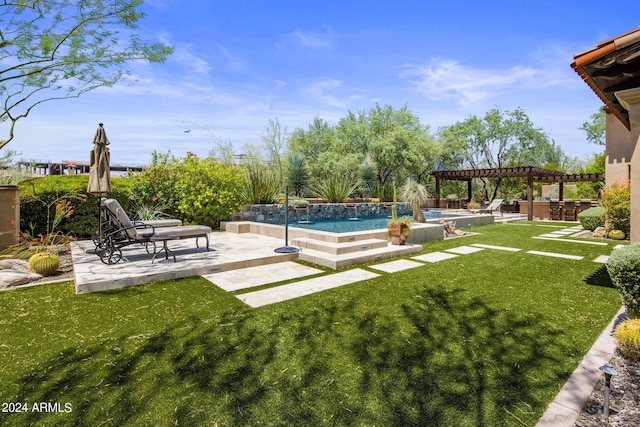 view of yard with a pergola, pool water feature, and a patio area