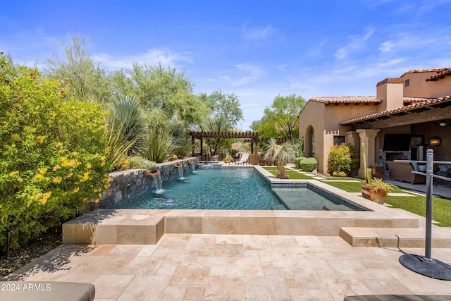 view of pool featuring a patio, a pergola, and pool water feature