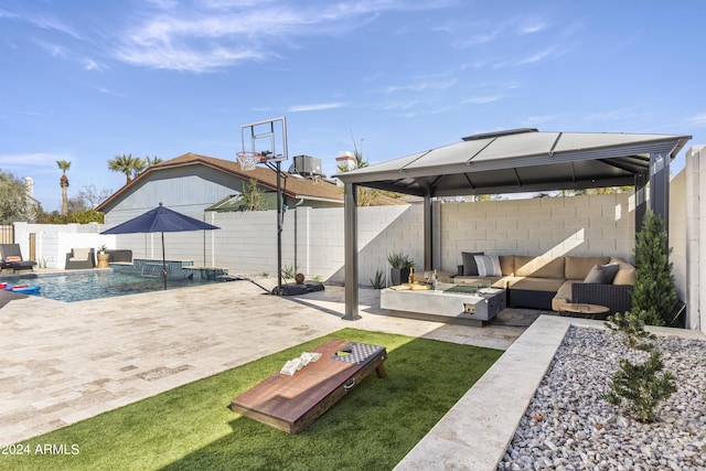 view of patio / terrace featuring a fenced in pool, central AC, an outdoor hangout area, pool water feature, and a gazebo