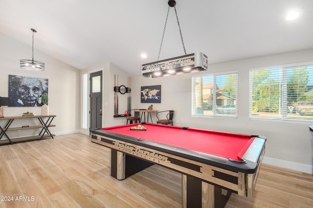 playroom with wood-type flooring, lofted ceiling, and billiards