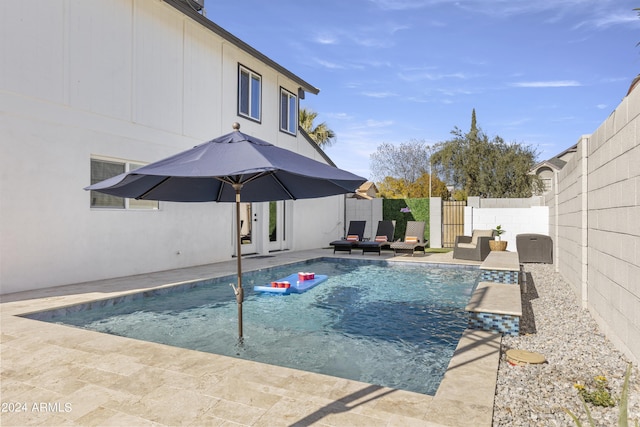 view of pool with a patio and pool water feature