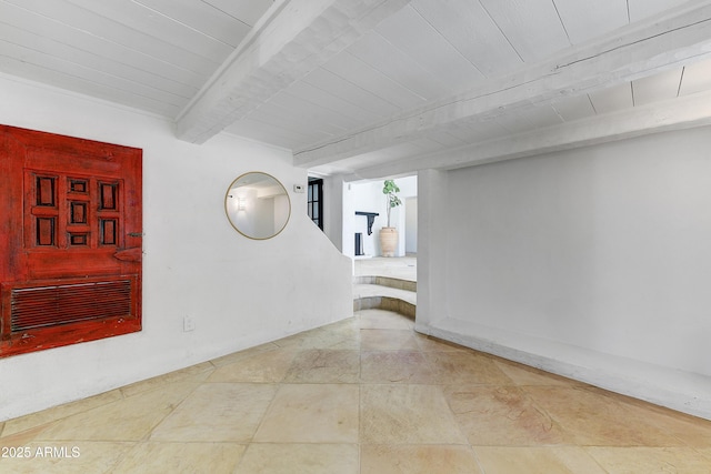 interior space with wood ceiling and beamed ceiling