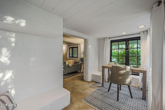 home office featuring wood ceiling