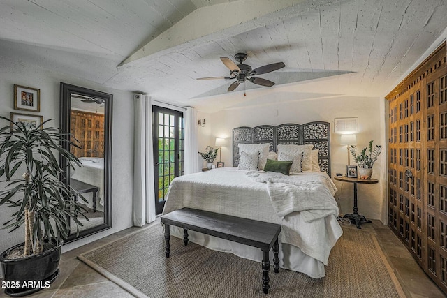 bedroom with wood ceiling, ceiling fan, lofted ceiling, and access to outside