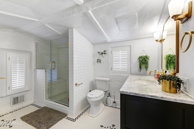 bathroom with tile patterned flooring, vanity, vaulted ceiling, and walk in shower