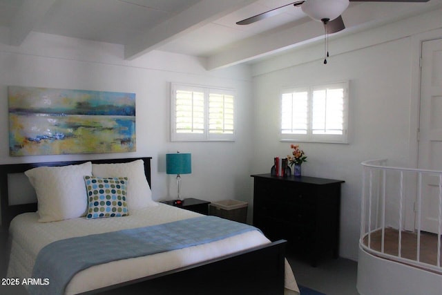 bedroom featuring beam ceiling and ceiling fan