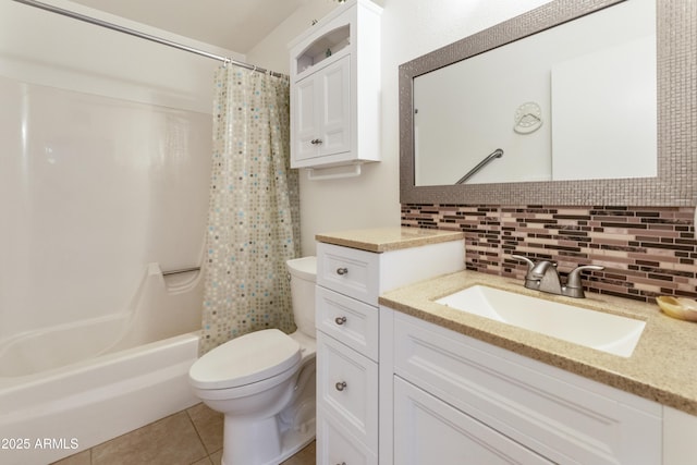 full bathroom with decorative backsplash, tile patterned floors, vanity, shower / bathtub combination with curtain, and toilet