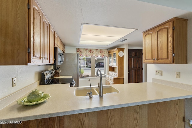 kitchen featuring kitchen peninsula, stainless steel appliances, and sink