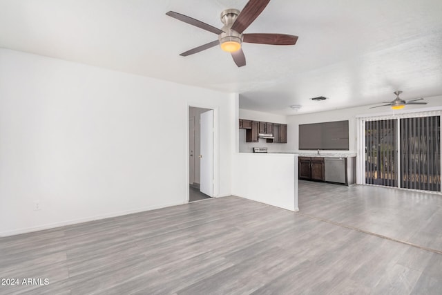 unfurnished living room with ceiling fan, sink, and light hardwood / wood-style flooring