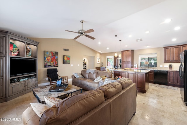 living room with lofted ceiling and ceiling fan