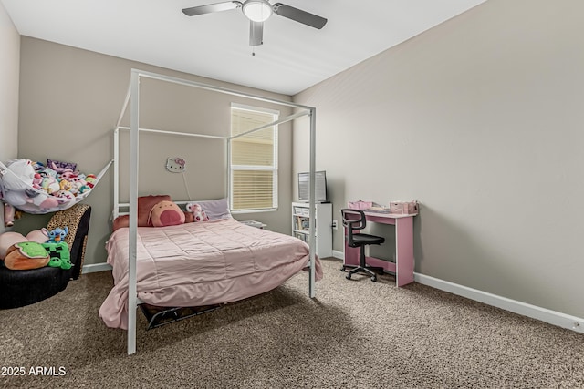 bedroom featuring baseboards, a ceiling fan, and carpet