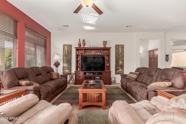 living room with ceiling fan