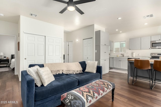 living room featuring ceiling fan, dark wood-type flooring, and sink