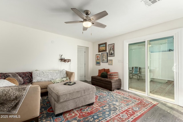 living room with ceiling fan