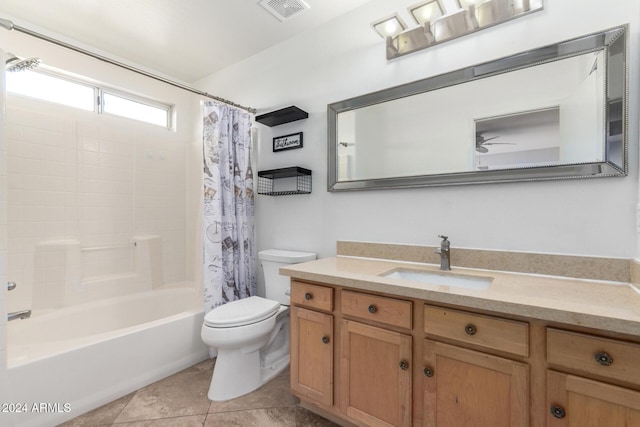 full bathroom featuring vanity, ceiling fan, shower / bathtub combination with curtain, tile patterned flooring, and toilet