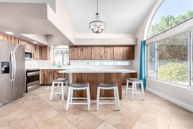 kitchen featuring stainless steel appliances, plenty of natural light, hanging light fixtures, and a notable chandelier