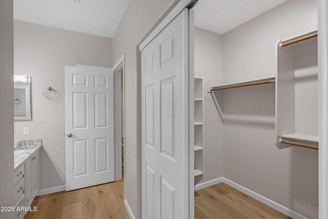 bathroom with vanity and wood-type flooring