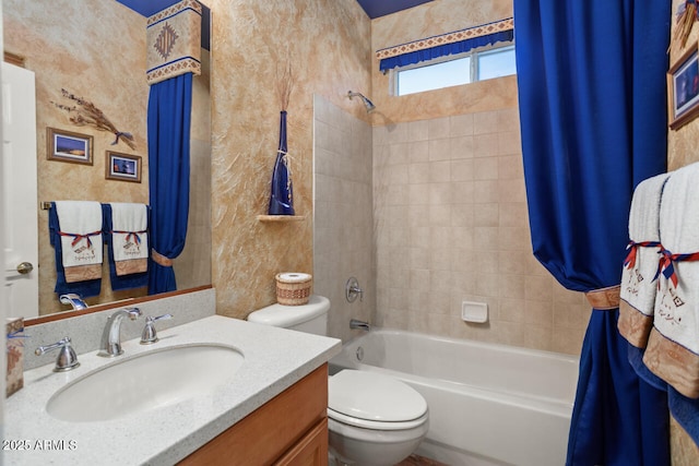 full bathroom with toilet, shower / bath combo, and vanity