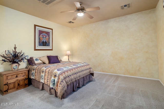 bedroom with light carpet and ceiling fan