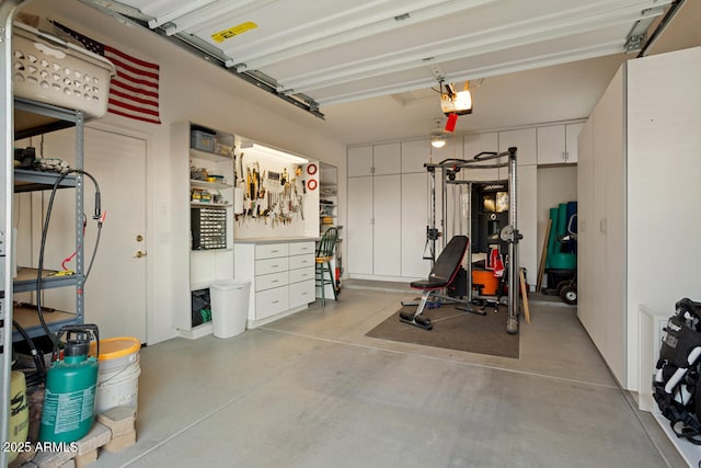 garage with a garage door opener and a workshop area