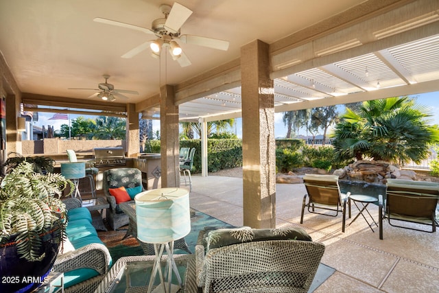 view of patio with area for grilling, a pergola, grilling area, an outdoor living space, and ceiling fan