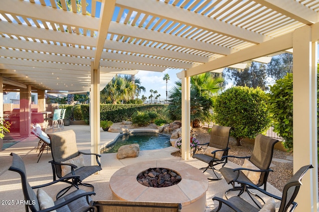 view of patio / terrace featuring an outdoor fire pit, a fenced in pool, and a pergola