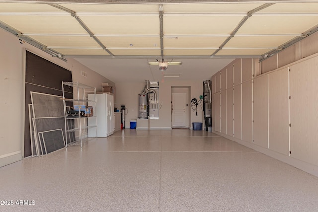 garage featuring water heater, baseboards, a garage door opener, and white refrigerator with ice dispenser