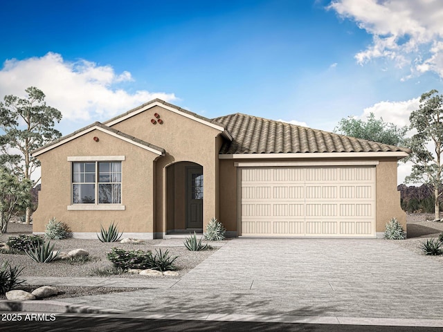38469 N Pheasant St, San Tan Valley, AZ 85140 - mediterranean / spanish-style house featuring a garage, driveway, stucco siding, and a tiled roof