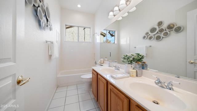 bathroom with vanity, toilet, and tile patterned floors