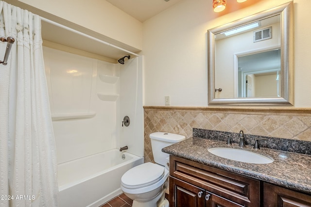 full bathroom featuring vanity, toilet, and shower / bathtub combination with curtain