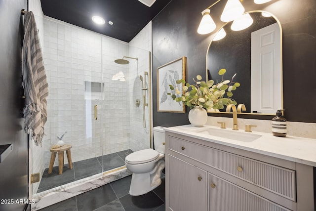 bathroom featuring toilet, a stall shower, vanity, and a chandelier
