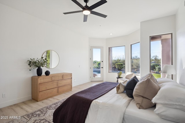 bedroom with access to outside, light wood-type flooring, baseboards, and ceiling fan