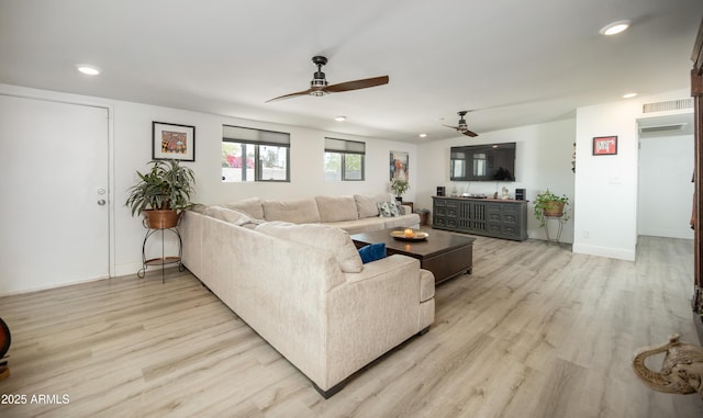 2320 E Mulberry Dr, Phoenix, AZ 85016 - living area with recessed lighting, a ceiling fan, light wood-style flooring, and baseboards