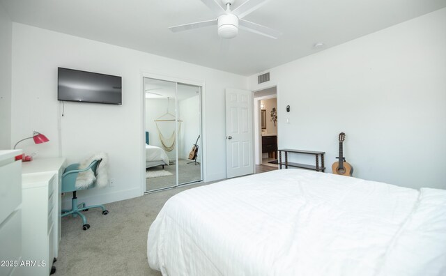 2320 E Mulberry Dr, Phoenix, AZ 85016 - bedroom featuring visible vents, a closet, baseboards, ceiling fan, and carpet flooring